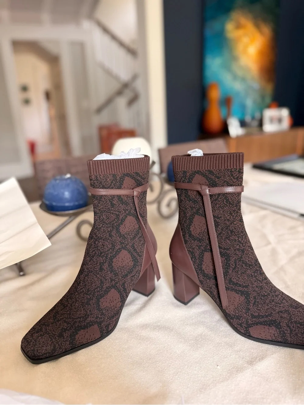 NWT Brown Knit Block Heel Ankle Boots - Women's